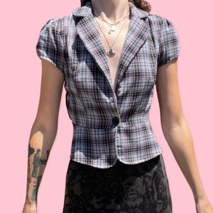 pink black gray white plaid button short puff sleeves crop collar blazer top